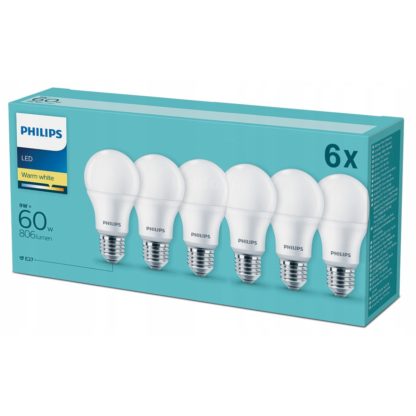 Zestaw ŻARÓWEK LED 6 x E27 9W(60W) BARWA CIEPŁA 2700K 806LM PHILIPS 8718696829998